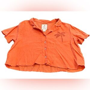 Calypso St Barth 100% Linen Palm Tree Cropped Button Up Shirt Top Size Large